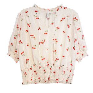 Joie Cherry Swiss Dot Smocked Short Sleeve Top